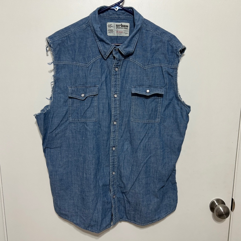 Urban Pipeline Mens XXL Denim Blue Sleeveless Western Shirt Distressed Raw‎ Hem
